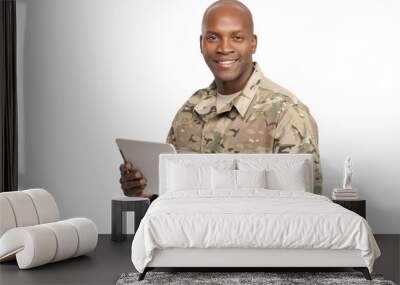 African American Soldier with Computer in Studio Smiling Wall mural