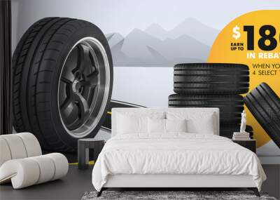 The tire of the car is on the road. Advertising banner. A bunch of wheels against the backdrop of stylized mountains. Web design. Promotion. Advertising for the sale of winter and summer wheels. Wall mural