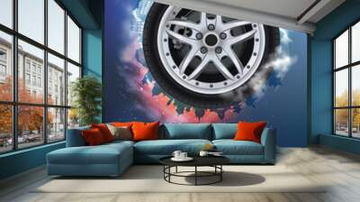 Tire car advertisement poster. Black rubber tire. Realistic vector shining disk car wheel tyre. Information. Store. Action.Landscape poster. Tire shop, spare parts and auto service discount promotion. Wall mural