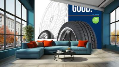 Tire sale out banner template. Tire shop vector banner of car wheel tire with tread. Modern design layout. Wall mural