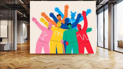 A group of happy people standing together Waving and inviting new customers Colleagues multi-ethnic team concept happy welcome newcomer. Colorful vector illustration Wall mural