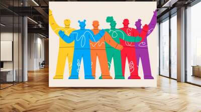 Back view of  man and woman  standing together embracing each other waving. Colorful vector illustration Wall mural