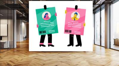 business people are holding badges. male and female with id cards. staff identification. flat vector Wall mural