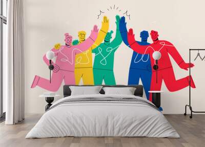 Celebrating International friendship day concept. Group of young positive people doing high five together, young generation celebrating social event holiday. Colorful vector illustration Wall mural