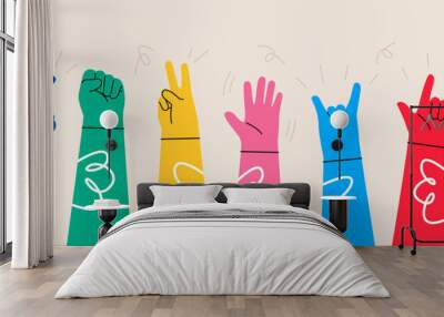 Different color human hands greeting and waving, party, sales concept for advertising. Colorful vector illustration Wall mural