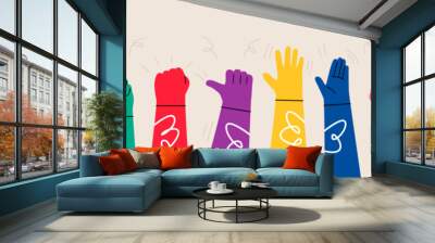 Different color human hands greeting and waving, party, sales concept for advertising. Colorful vector illustration Wall mural