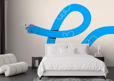 Funny long hand holding a scissors. Colorful vector illustration Wall mural