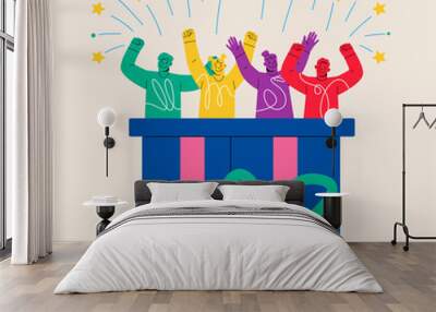 Group of people in gift box. Celebration Christmas, New Year. Colorful vector illustration Wall mural