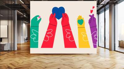 Hands up. Concept of charity and donation. Give and share your love to people. Colorful vector illustration Wall mural