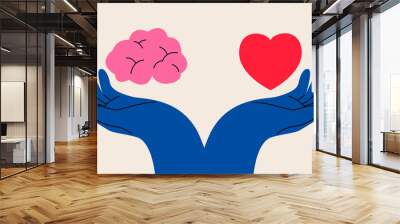 Hands with heart and brain. Colorful vector illustration Wall mural