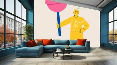 Man holding big candy lollipop sweetness. Colorful vector illustration. Wall mural