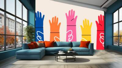 Set of hands raised up. Concept of  volunteer community. Colorful vector illustration Wall mural