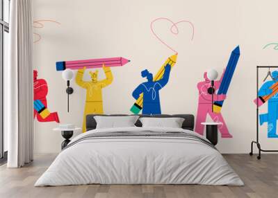 Set of man and woman holding a big pencil in their hands and drawing. Colorful vector illustration Wall mural