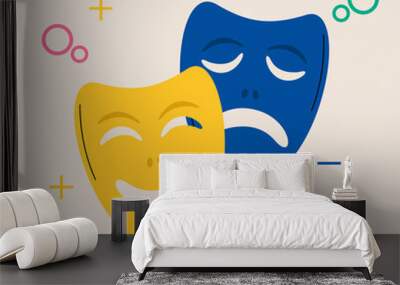 Theater masks. Comic and tragic mask icons. Happy and unhappy traditional symbol of theater. Colorful vector illustration Wall mural