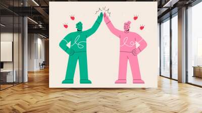 Young positive people doing high five together, young generation celebrating social event holiday. Colorful vector illustration Wall mural