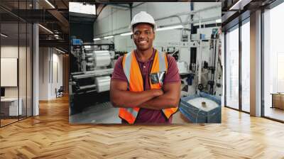 Cheerful confident young african male industrial worker looking at camera with his arm crossed Wall mural