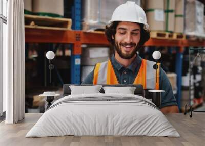 Cheerful young caucasian smiling worker with helmet on head using tablet for work while standing in warehouse against goods Wall mural