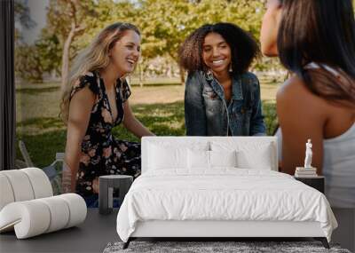 Group of smiling multiracial female best friends sitting together on blanket with fruits enjoying at picnic in the park - group of healthy friends having a picnic Wall mural