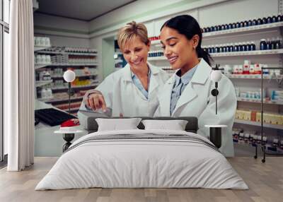 Happy senior female pharmacist explaining job and inventory system to young colleague wearing labcoat in pharmacy Wall mural