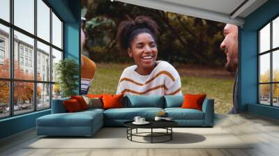 Portrait of a smiling african young woman sitting and enjoying with her friends in the park Wall mural