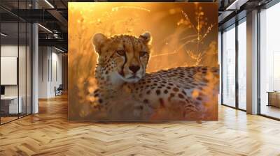 A Cheetah lounges in the bush grasses at sundown Wall mural