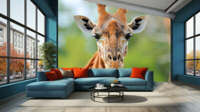 A male giraffe with bend horns front view portrait of face head and part of neck. This giraffe has darker hair due to older age Wall mural