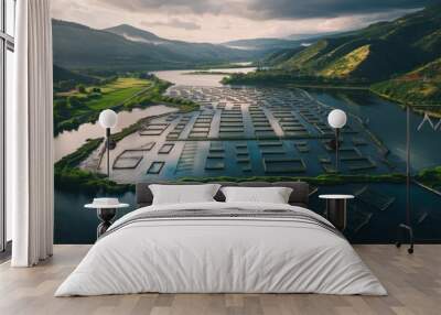 Aerial view over a large fish farm with lots of fish enclosures in a lake/dam.  Wall mural