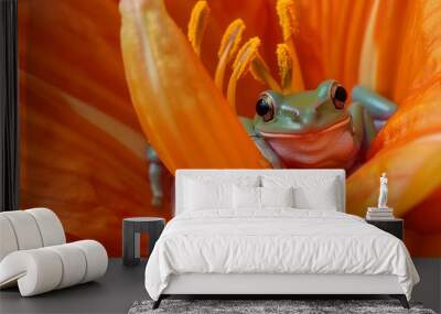 Amazon tree frog sitting in a bright orange lilly. Wall mural