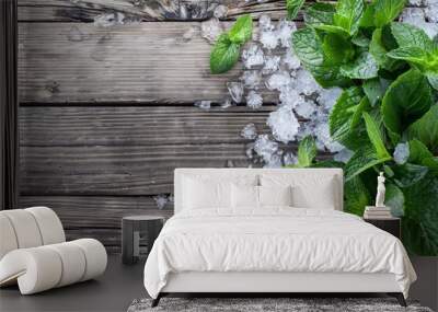 Background with natural iced mint on wooden table with crushed ice andleaves and plant around. Top view. Horizontal composition. Wall mural