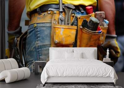 Close-up of Maintenance worker with bag and tools kit wearing on waist.  Wall mural