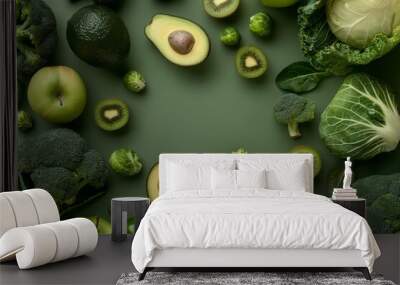 Creative layout healthy organic food concept made of green fruit and vegetables on green background flat lay: avocado, kale, broccoli, Brussels sprouts, kiwi, peppers, apple, cabbage top view. Wall mural