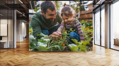 Father and daughter gardening together, home vegetable garden  Wall mural