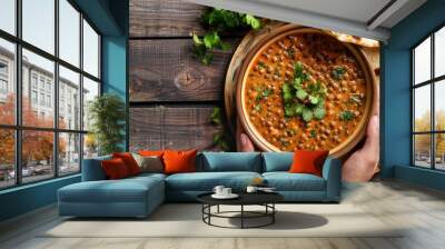 Female hands holding a bowl and eating traditional Indian Punjabi dish Dal makhani with lentils and beans served with naan flat bread, fresh cilantro on brown concrete rustic table Wall mural