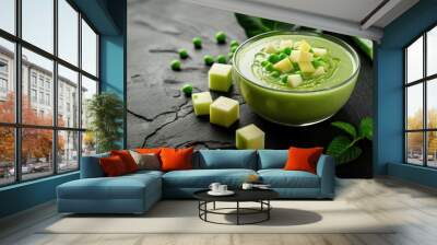 Fresh delicious twist cut with columns and cubes for pea cream soup on a black concrete background  Wall mural