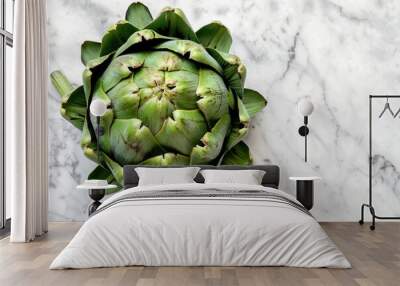 Fresh raw organic farm one artichoke on white marble background top view, healthy artichokes in balanced nutrition and cooking concept  Wall mural