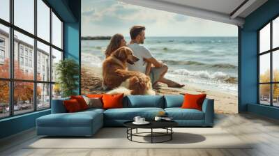 Happy family sits by the beach of sea with the dog.  Wall mural