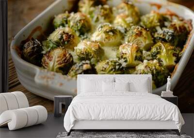 Healthy vegetarian dish roasted brussels sprouts with butter and parmesan cheese in white ceramic casserole close up on wooden table angle view, vegan food Wall mural