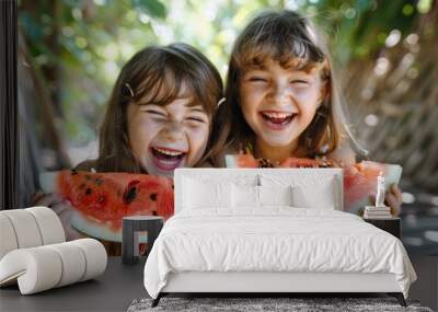 Portrait of two young girls enjoying a watermelon and laughing together.  Wall mural