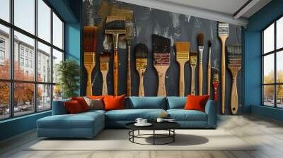 Set Paintbrushes House Painter Various Sizes And Shapes Aligned Wall mural