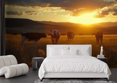 Some cows outdoor at sunset getting ready for the night.  Wall mural