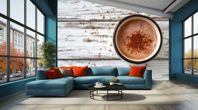 This is a photograph of hot chocolate on a white wood background Wall mural