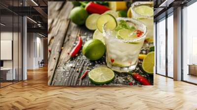 This is a photograph of two modern margarita glasses with a rim of salt surrounded by fresh cut limes and peppers on a retro wood background photographed from a high camera angle  Wall mural