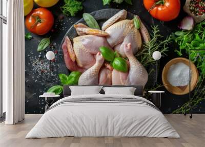 Top view of a whole raw chicken with various chicken thighs and chicken breast with some herbs and vegetables on a black patterned background.  Wall mural