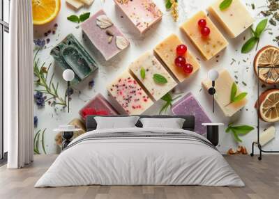 Top view of assorted variety of different handmade soap bars with natural ingredients, herbs, berries on white stone background. Skin care and organic soap making concept, spa cosmetic treatment . Wall mural