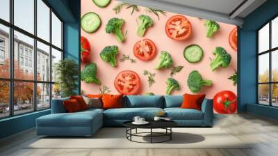 Vegetables food pattern made of broccoli, Brussels sprouts, cucumber, cut tomatoes, herbs, light pastel background. Minimal flat lay design about nutrition, healthy eating, diets, vitamins. Top view Wall mural