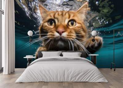 closeup wide angle underwater photo upshot of a cat with a christmas ball Wall mural