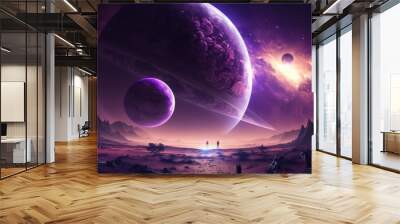 earth and moon in purple space wallpaper Wall mural