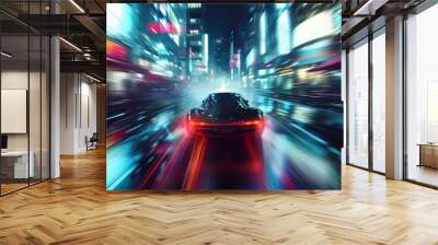 fast moving car at night. car driving down a street and lights. traffic in the night Wall mural