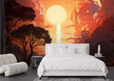 Mesmerizing ethereal burning light water composition sunset on the lake Wall mural