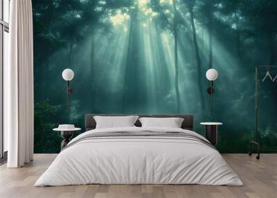 rays of light in the forest nature wallpaper Wall mural